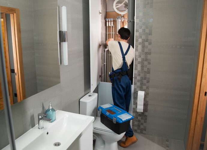Técnico dentro de un baño instalando tuberías